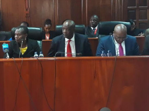 Lands CS Farida Karoney, CAS Gideon Mung'aro and PS Nicholas Muraguri during a Senate PAC hearing on the Ruaraka land purchase on May 14, 2018