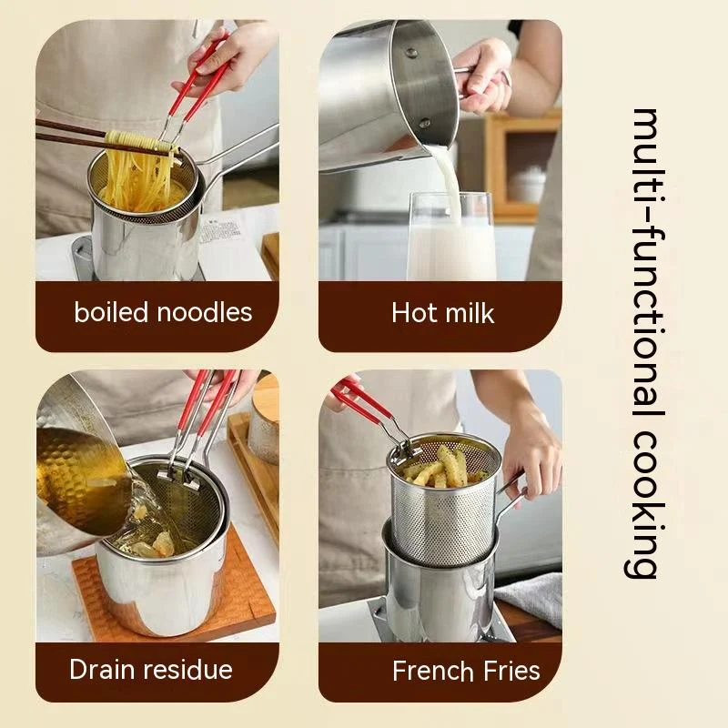 Panela de fritura funda doméstica em aço inoxidável 304 para fogão a gás, frituras perfeitas e deliciosas, durável e fácil de usar.