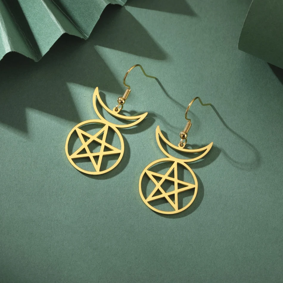 Royale oorbellen van roestvrij staal met holle pentagram maan hanger – Opvallend design voor dames – Stijlvol en duurzaam voor elke gelegenheid