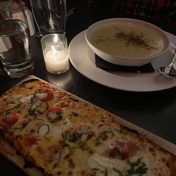 potato leak soup (soup of the day) and margherita flatbread pizza