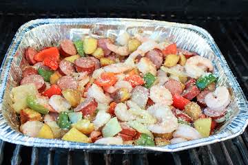 Grilled Shrimp and Sausage With Peppers and Onions