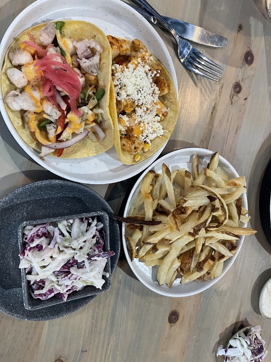 Shrimp taco & Blackened fish taco with fries and coleslaw