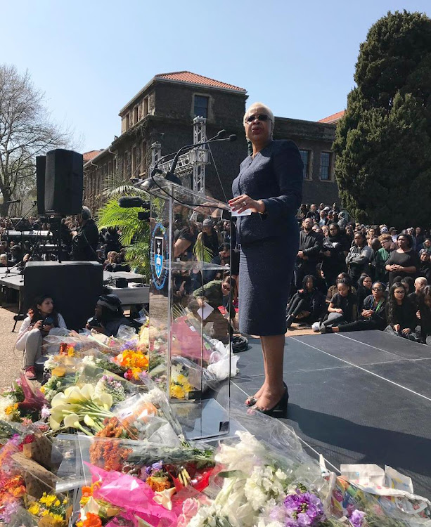 UCT chancellor Graça Machel speaks at the memorial service for Uyinene Mrwetyana on September 4 2019.