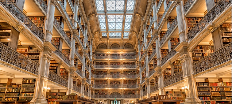 Interior shot of a library showing 4K detail in architecture