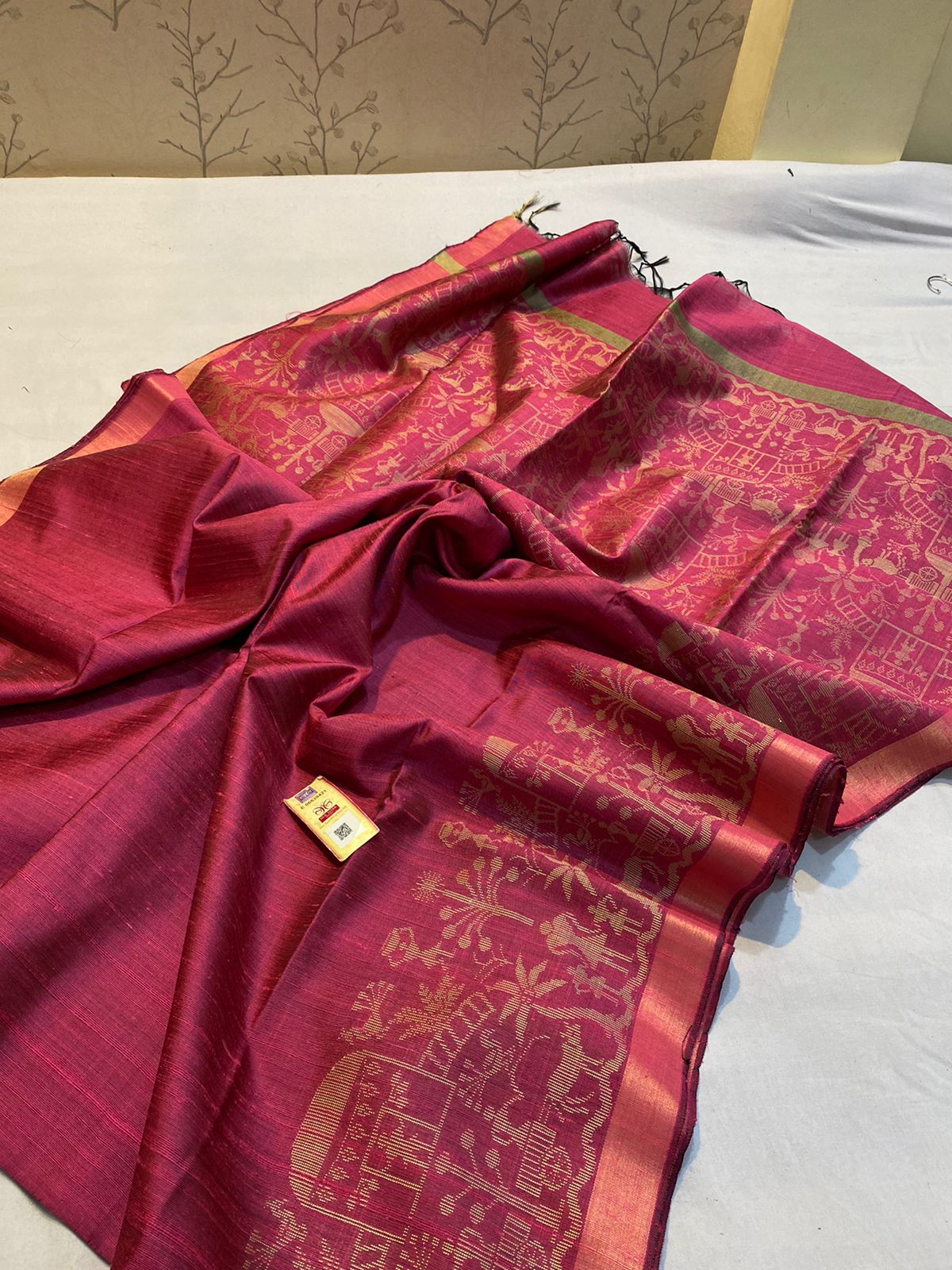 Dupion raw silk trible art border and pallu saree