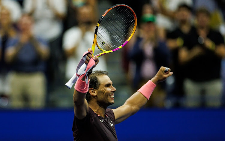 Rafael Nadal of Spain celebrates his victory over Rinky Hijikata of Australia in the first round of the US Open at USTA Billie Jean King National Tennis Center on August 30 2022.