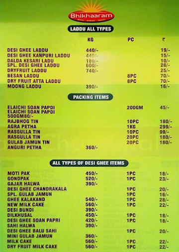 Bhikharam Chandmal menu 