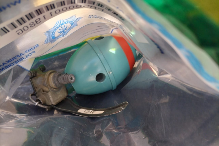 Police arrested a man who was found with this drill hand grenade in his luggage at the Bram Fischer International Airport in Bloemfontein on Monday.