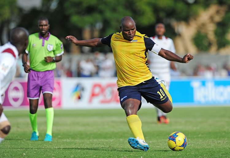 Collins Mbesuma of Maccabi FC lines up a shot at goal during the National First Division game against Stellenbosch FC at Idas Valley Stadium in Stellenbosch on May 5 2019.