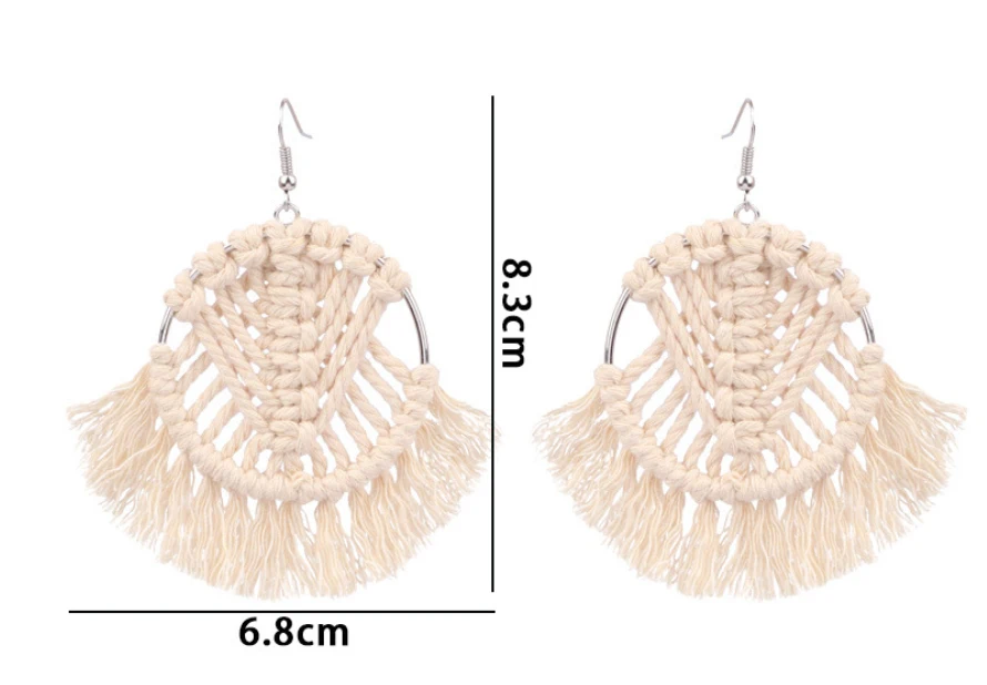 Handmade woven tassel earrings, ethnic style geometric hollow design, perfect for adding a bohemian touch to any outfit.