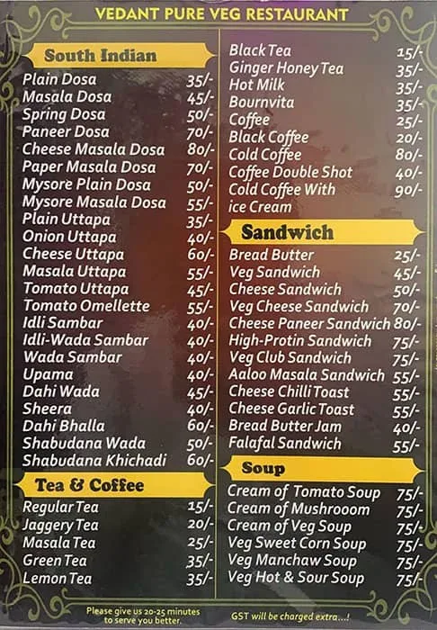 Hotel Vedant menu 