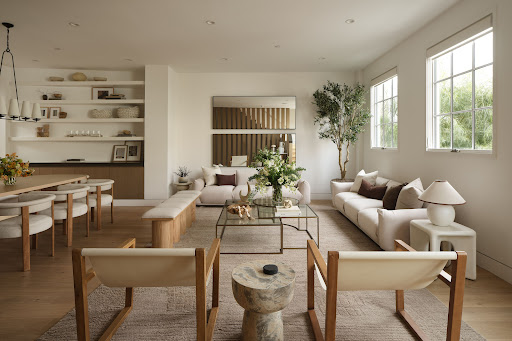 Bright living room with white sofas and dining table - Buy this luxury property in San Francisco, 6 bedrooms