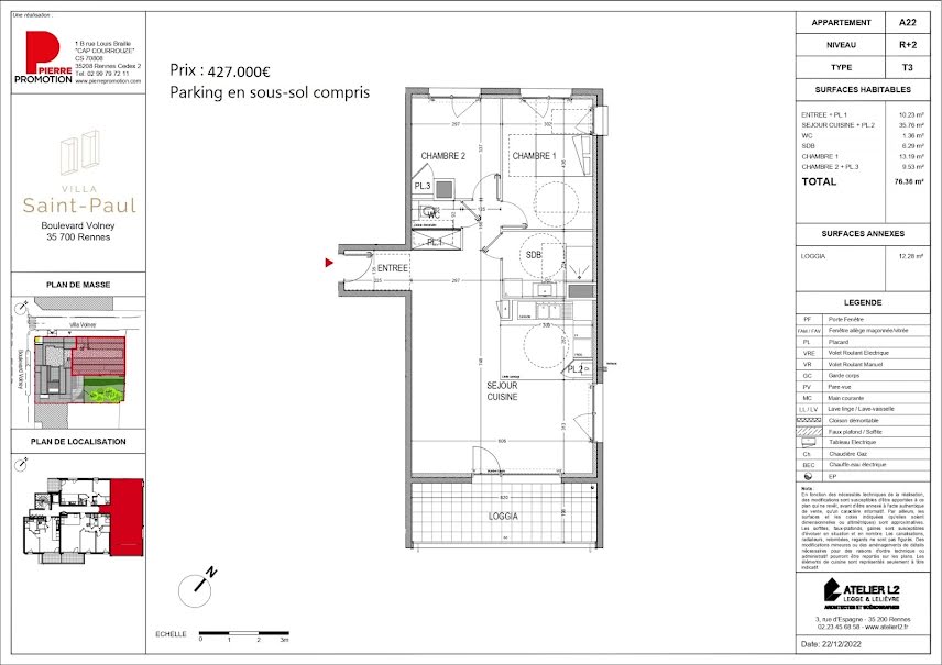 Vente appartement 3 pièces 76.36 m² à Rennes (35000), 427 000 €