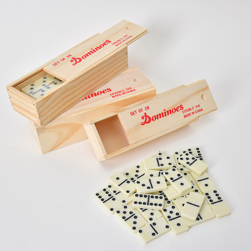 Title 5, Wooden box dominoes game puzzle, offering hours...