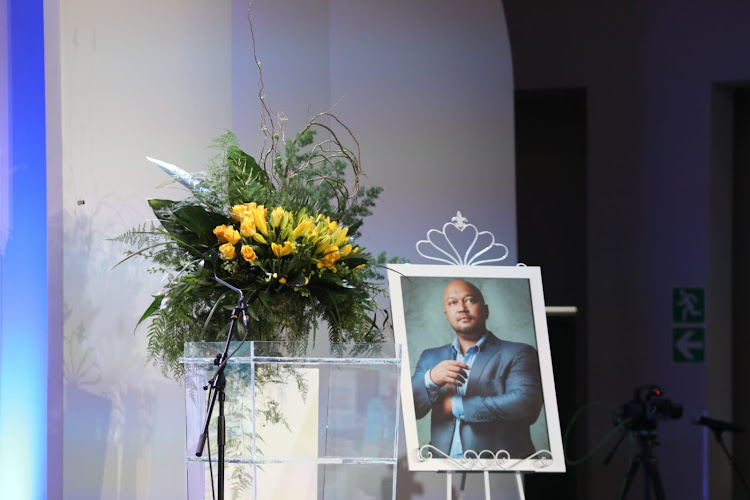 A picture of the late Eusebius McKaiser at his memorial service at Arena Holdings in Parktown, Johannesburg, on Tuesday.