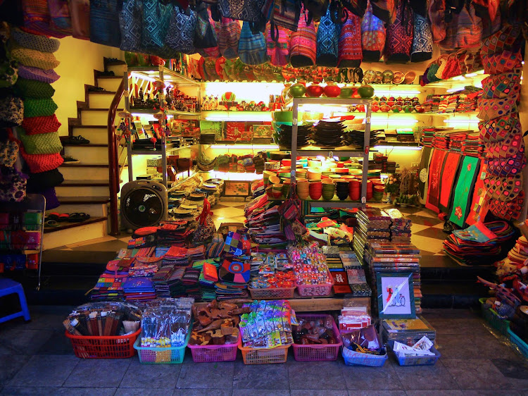 A beautiful shop selling handicrafts in a small Vietnam village at dusk. 