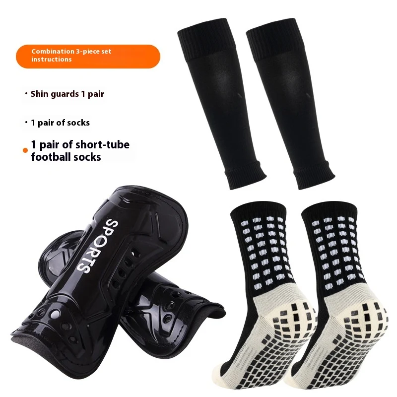 Espinilleras de fútbol largas hasta la rodilla con calcetines antideslizantes y dispensador de pegamento para protección superior.