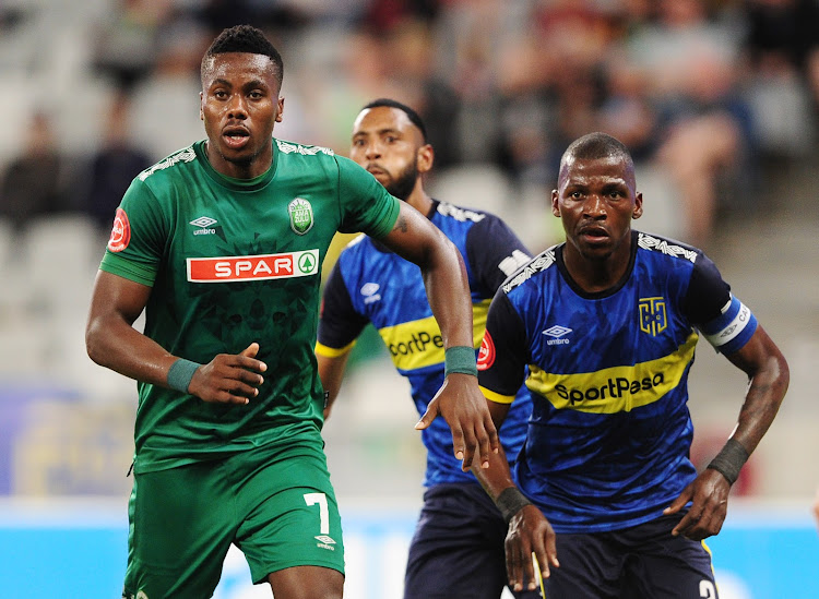 Bonginkosi Ntuli of AmaZulu is marked by Thamsanqa Mkhize of Cape Town City during the Absa Premiership 2019/20 game between Cape Town City and AmaZulu at Cape Town Stadium, Cape Town on 8 January 2020.