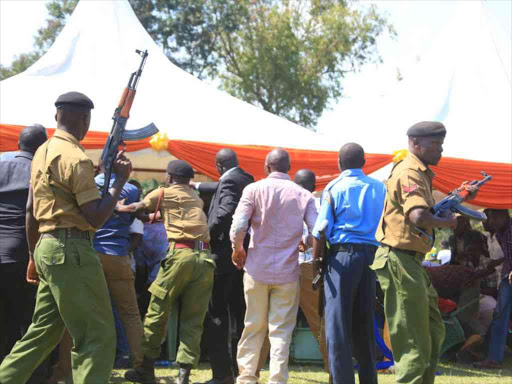 Police officers fire in the air to disperse supporters of Governor Okoth Obado and aspirant Ochillo Ayacko