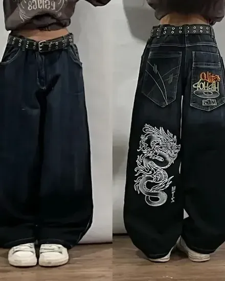 Street Vintage Jeans New Y2K Harajuku Graphic Wash blue B... - 3