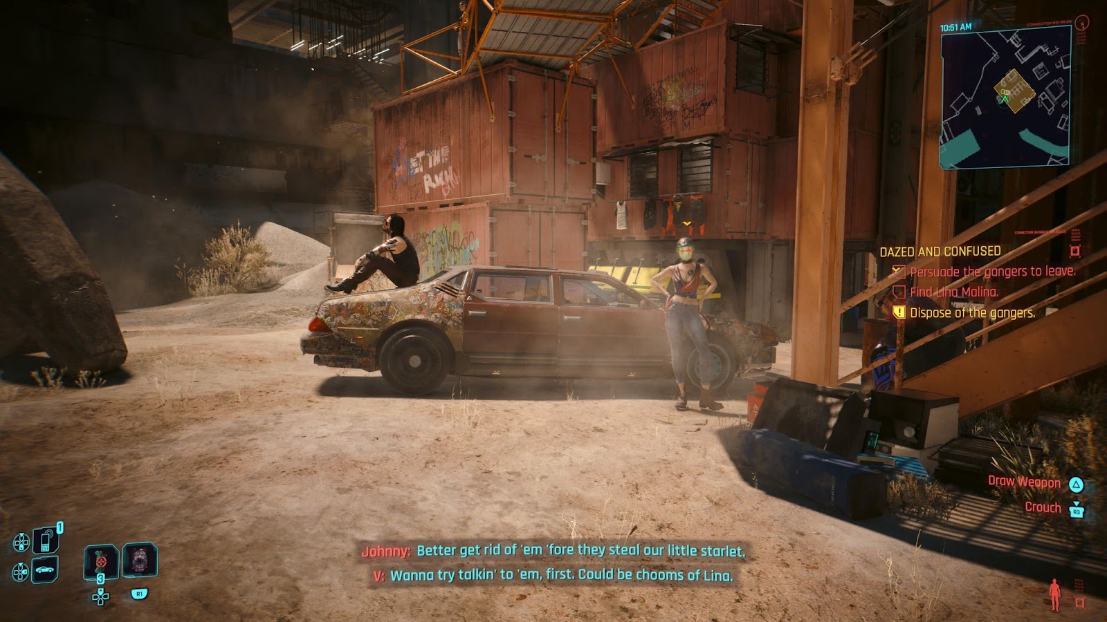 An in game screenshot of a group of scavs from the game Cyberpunk 2077. 