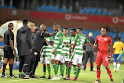 Celtic coach Lehlohonolo Seema speaks to his players during the game against Sundowns on Wednesday. The team  return home to face Maritzburg in the Nedbank Cup tomorrow. /Gallo Images