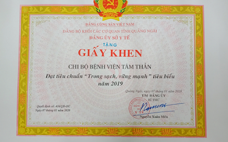 Chi bộ Bệnh viện Tâm thần Quảng Ngãi nhận Giấy khen đạt tiêu chuẩn “Trong sạch, vững mạnh” tiêu biểu năm 2019