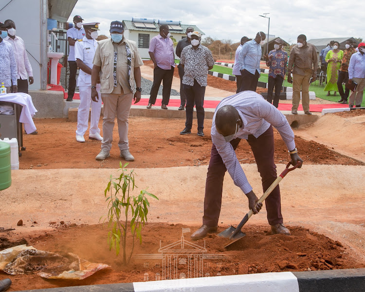 The President when he toured Camp Bravo detachment at the KWS Law Enforcement Academy in Manyani, Taita Taveta County and plants a commemorative tree./PSCU