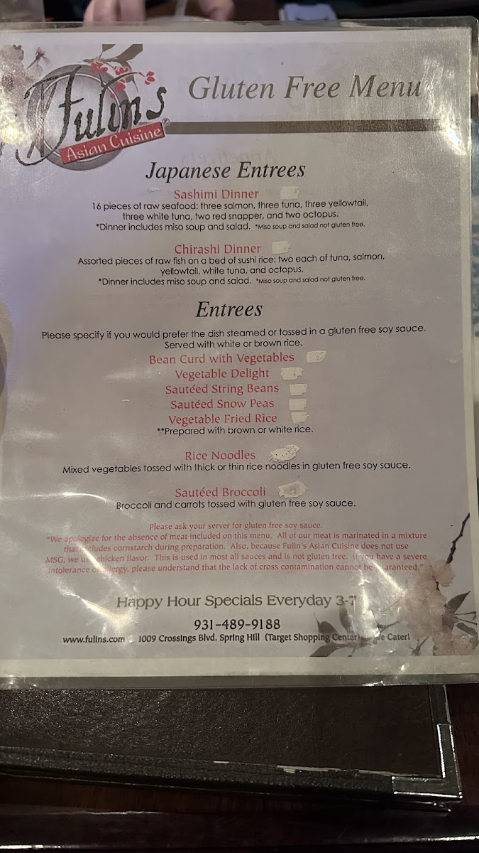 Fulin's Asian Cuisine - Spring Hill gluten-free menu