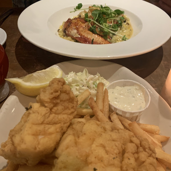 Fish and chips. Lazy lobster in the background