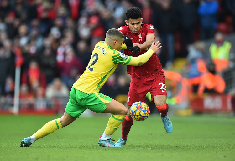 Liverpool's Luis Diaz in action with Norwich City's Max Aarons