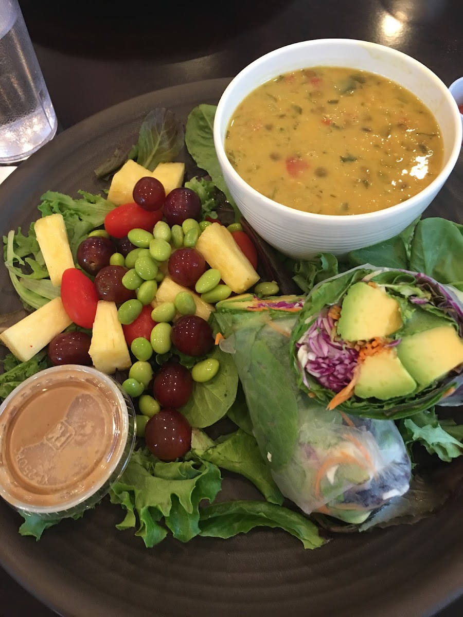 Rice paper roll, loaded with fresh veggies & avocado, served with fresh fruit, green salad. I added a bowl of lentil soup. So delicious!!!