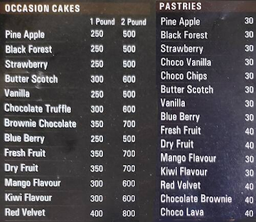 Cafe & Bakers menu 