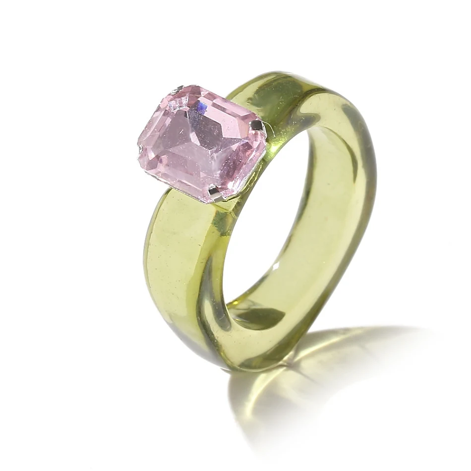 Anillo de resina geométrica con diamantes de imitación, gema de acrílico de color, accesorio de moda llamativo y elegante para mujeres.