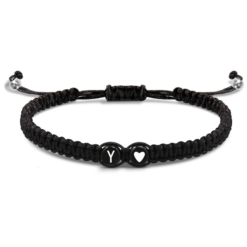 Handgemaakte geweven armband met 26 letters, perzikhart, zwart-wit, voor koppels, armband met koord