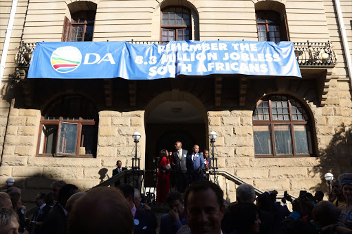 DA banner hanging from their offices on the third floor of the Marks Building in the parliamentary precinct. Image: Anthony Molyneaux, TMG Multimedia