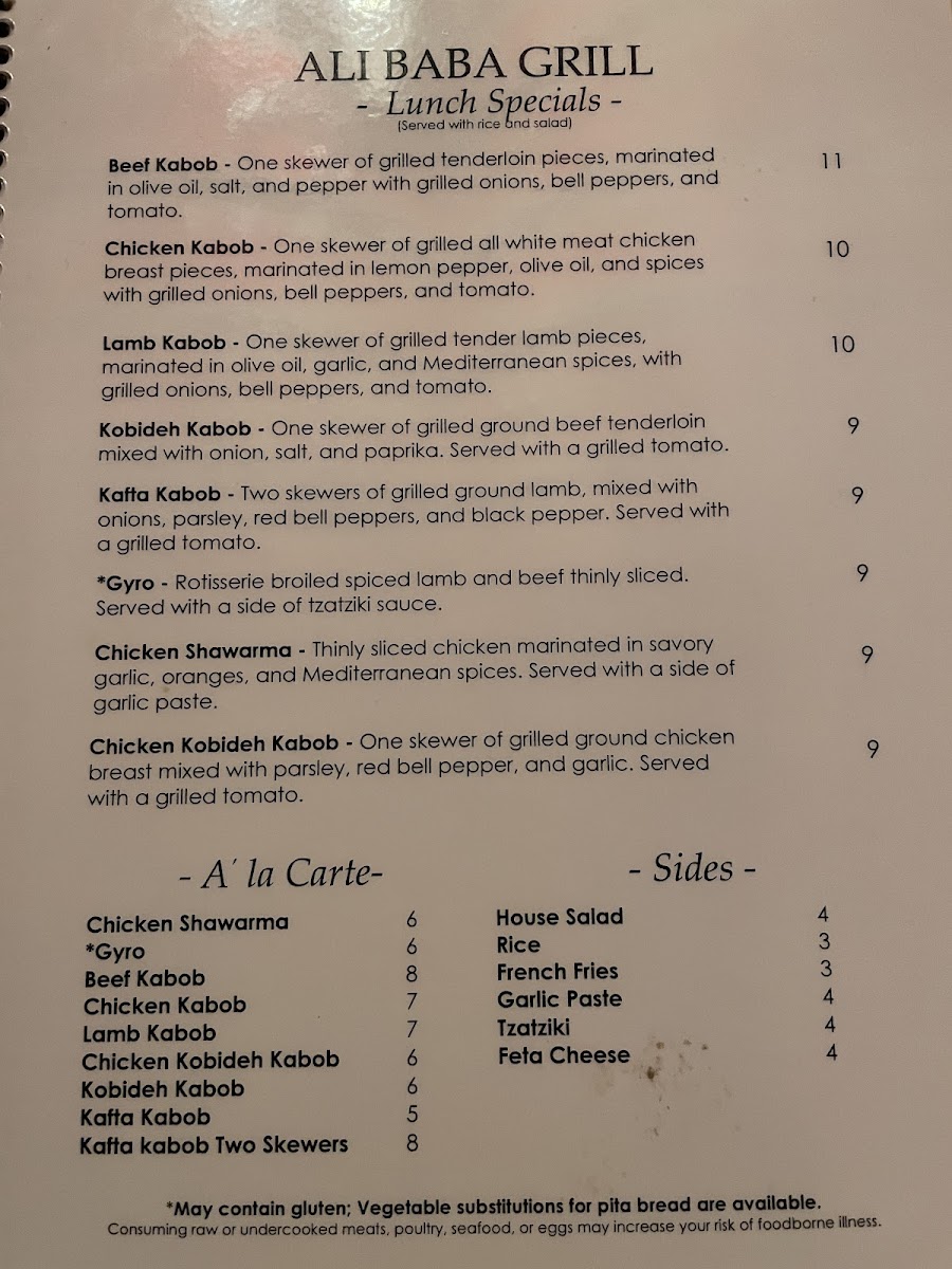 Ali Baba Grill gluten-free menu