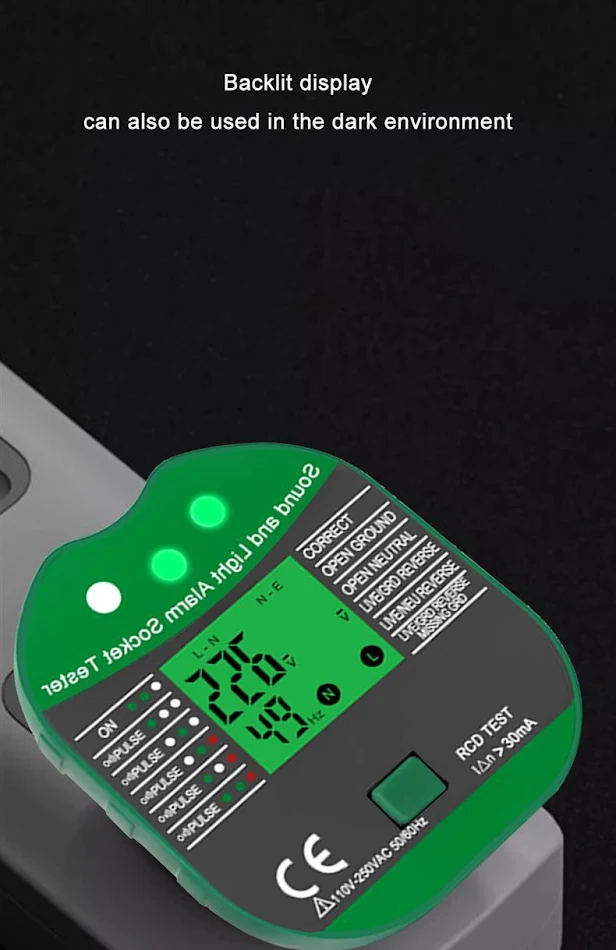 Stopcontacttester voor Europese en Amerikaanse regelgeving. Controleer de elektrische veiligheid en detecteer fouten.