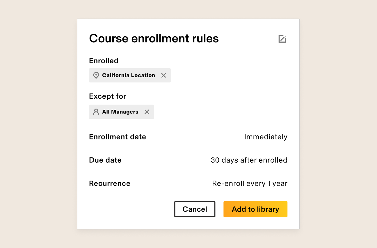 Rippling displays a dialogue box with settings for course enrollment rules.