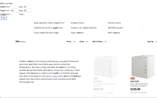 IKEA size filter chrome extension