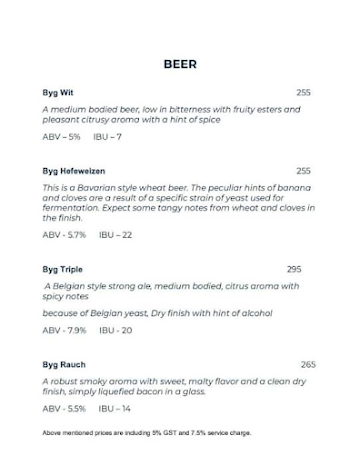 Byg Brewski Brewing Company menu 