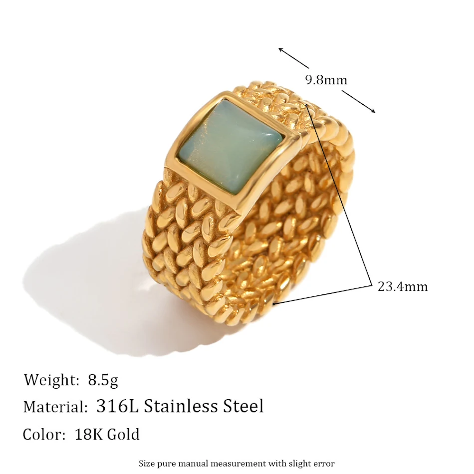 Vintage Stainless Steel 18K Gold Plated Woven Square Natural Stone Ring Elegant Women's Jewelry Gift Idea
