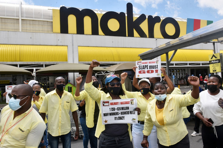 Makro workers affiliated to the South African Commercial Catering and Allied Workers Union have previously picketed in Johannesburg over wages. File photo.