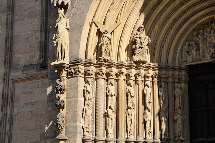 A close-up of the entrance to Bamberg Cathedral in Germany.