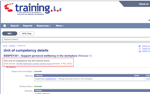 Display UOC Nominal Hours - training.gov.au