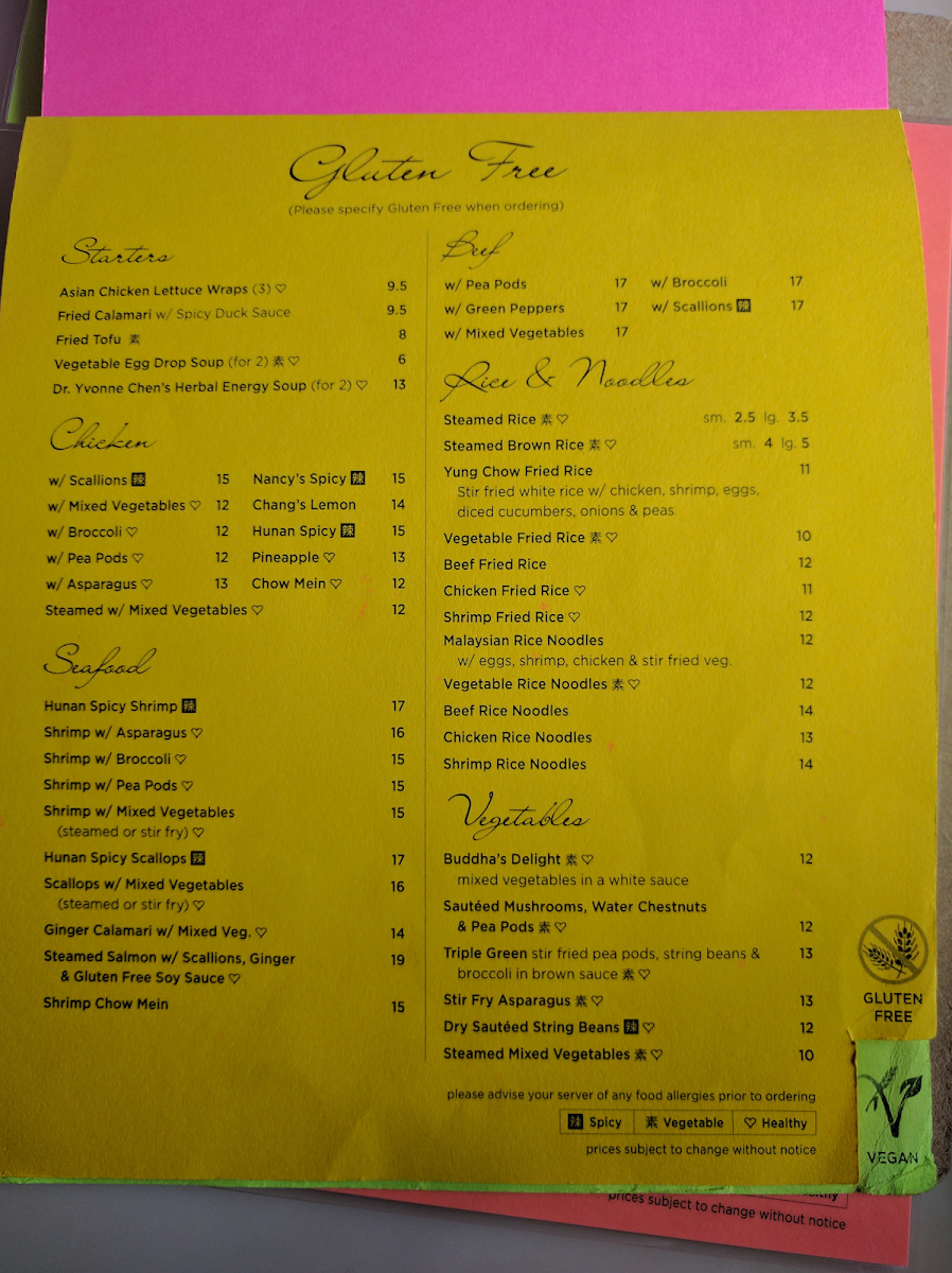 Nancy Chang gluten-free menu