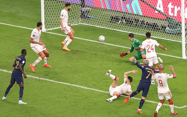 Antoine Griezmann of France scoring a goal that was later disallowed due to offside by VAR in the World Cup Group D match against Tunisia at Education City Stadium in Doha, Qatar on November 30 2022.