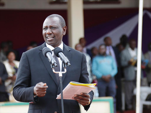 Deputy President William Ruto addresses mourners during the funeral of Leonard Kipkorir Yator in Kesses, Uasin Gishu, Friday, February 15, 2019. /COURTESY