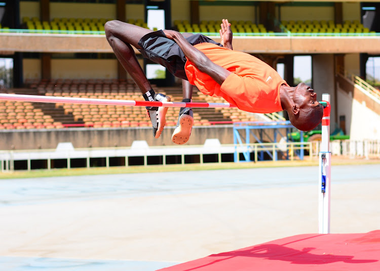 Africa high jump champion Matthew Sawe in action during a training session at Moi Stadium, Kasarani.