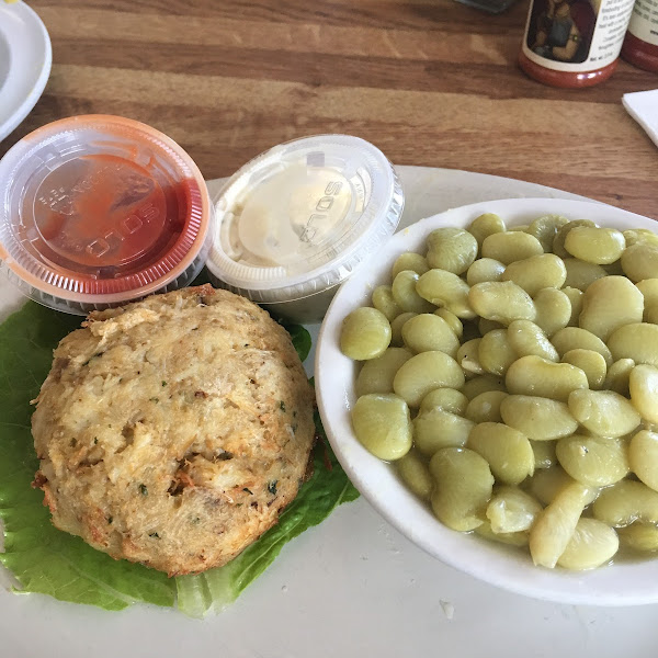 Crab cake and butter beans